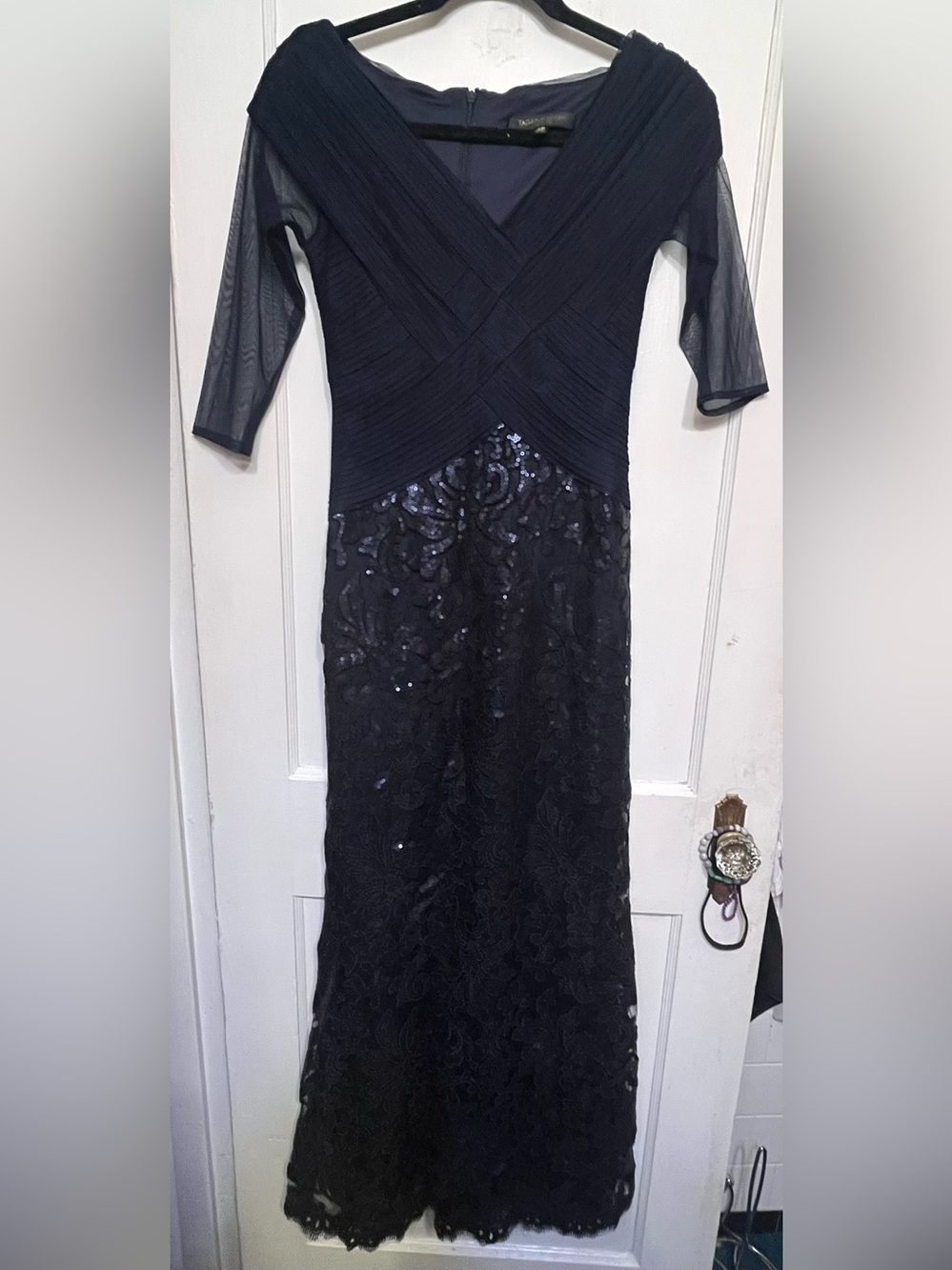 Tadashi Shoji Navy Paillette Embroidered Sequin Lace Gown - Size 4P